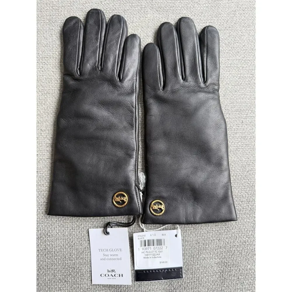 Coach Horse And Carriage Sheep Leather Tech Gloves Black Size 6.5 - F76310 New